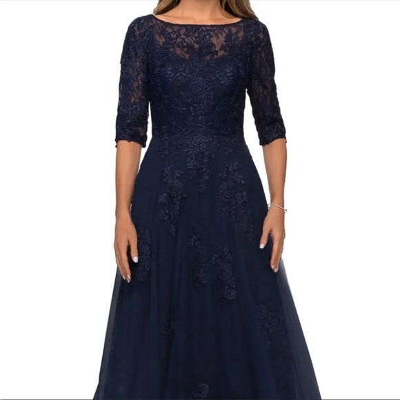 La Femme Dresses & Skirts - La Femme navy blue Sequin Sparkle floral lace & tulle gown SZ 14 mother …